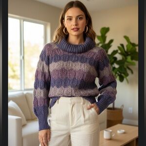 Vintage Wool Blend Cropped Sweater Hand Knit Y2K  90s Boho Purple Waves Stripe M